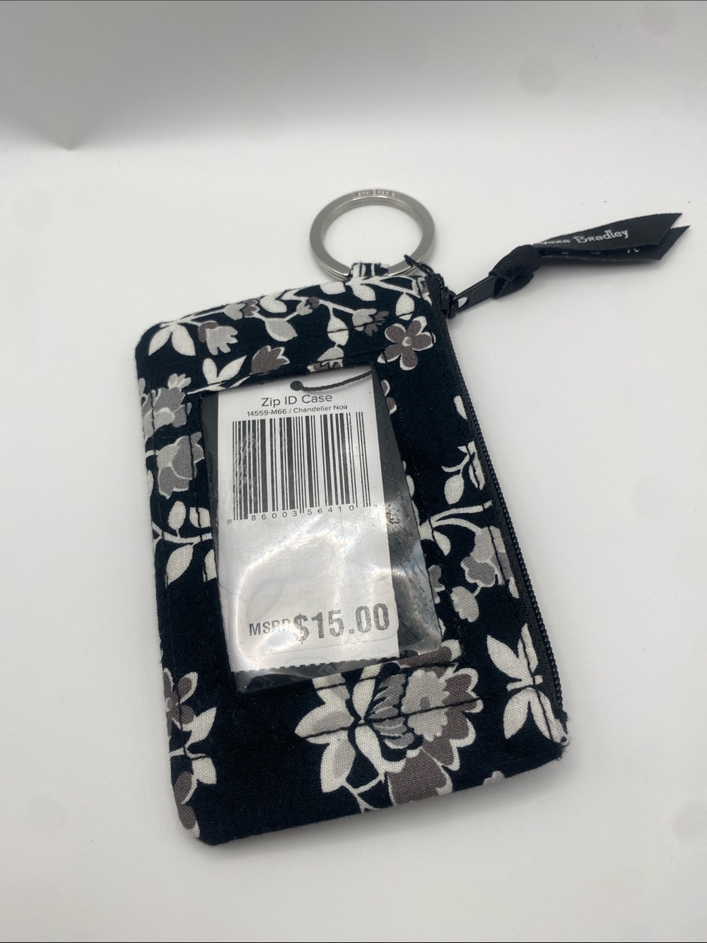 NEW Vera Bradley Zip ID Case Key Ring in Chandelier Noir Black Gray Floral